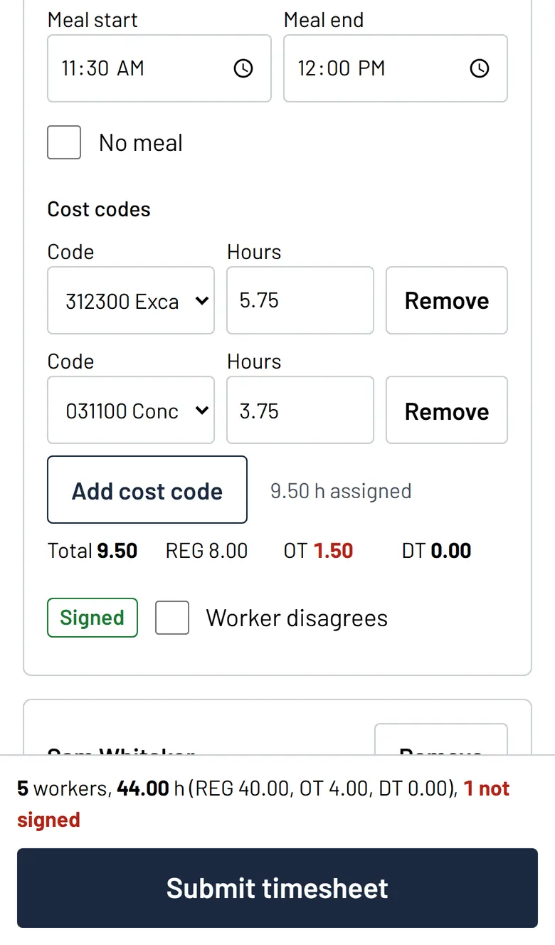 Foreman timesheet on a phone: in and out times, meal times, hours split across two cost codes, and the crew's total with overtime.